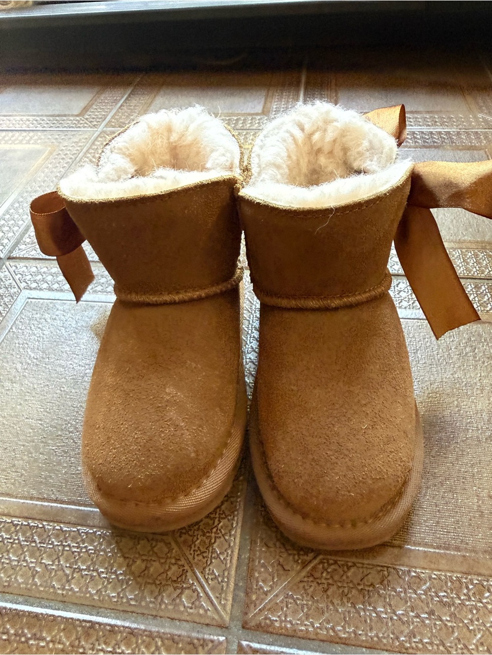 BearPaw Kids Chestnut Brown Suede Shearling Lined Boots with Ribbon